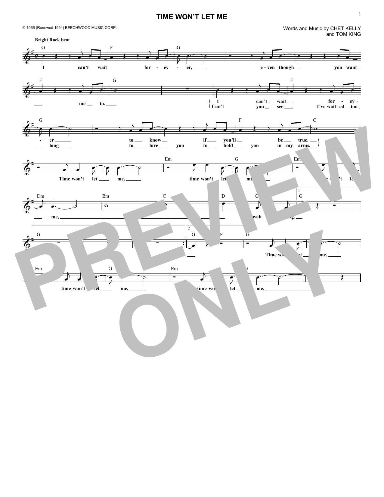 The Outsiders Time Won't Let Me Sheet Music Notes & Chords for Melody Line, Lyrics & Chords - Download or Print PDF