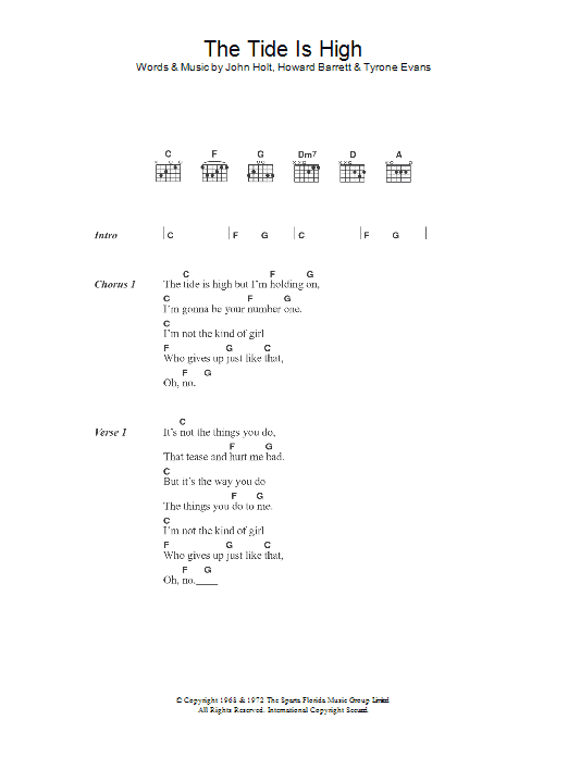 The Paragons The Tide Is High Sheet Music Notes & Chords for Lyrics & Chords - Download or Print PDF