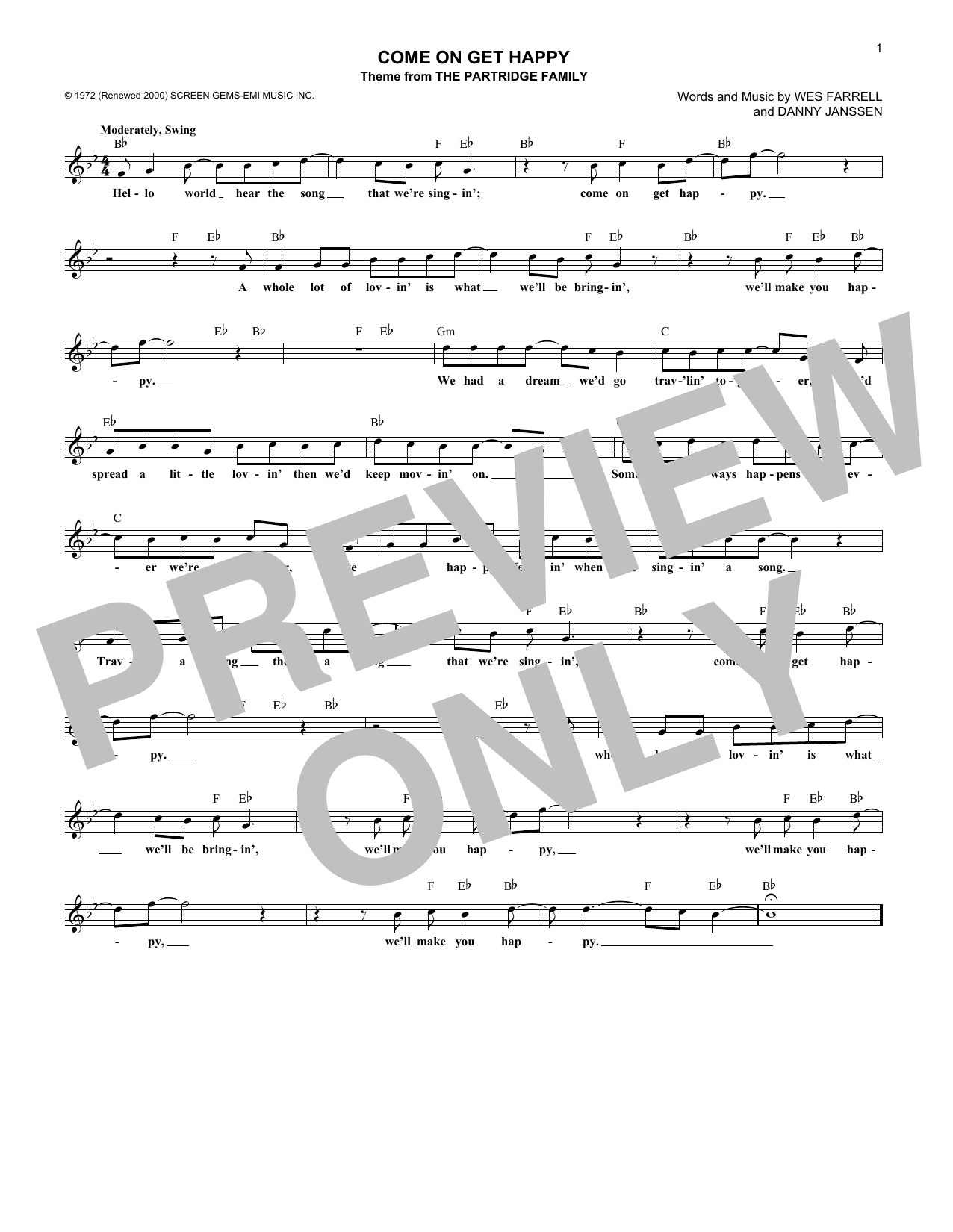 The Partridge Family Come On Get Happy Sheet Music Notes & Chords for Piano, Vocal & Guitar (Right-Hand Melody) - Download or Print PDF