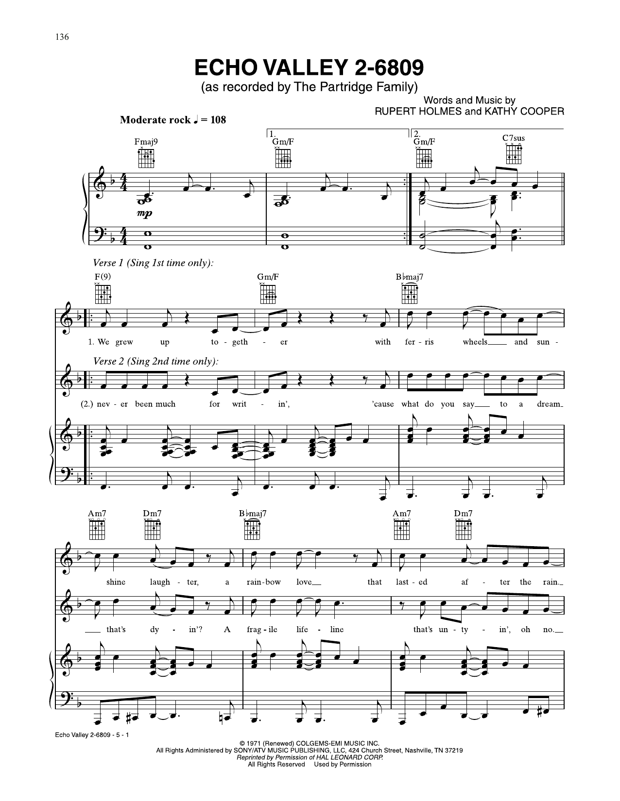The Partridge Family Echo Valley 2-6809 Sheet Music Notes & Chords for Piano, Vocal & Guitar Chords (Right-Hand Melody) - Download or Print PDF
