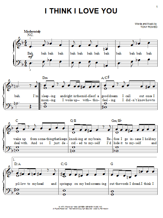 The Partridge Family I Think I Love You Sheet Music Notes & Chords for Piano, Vocal & Guitar Chords (Right-Hand Melody) - Download or Print PDF