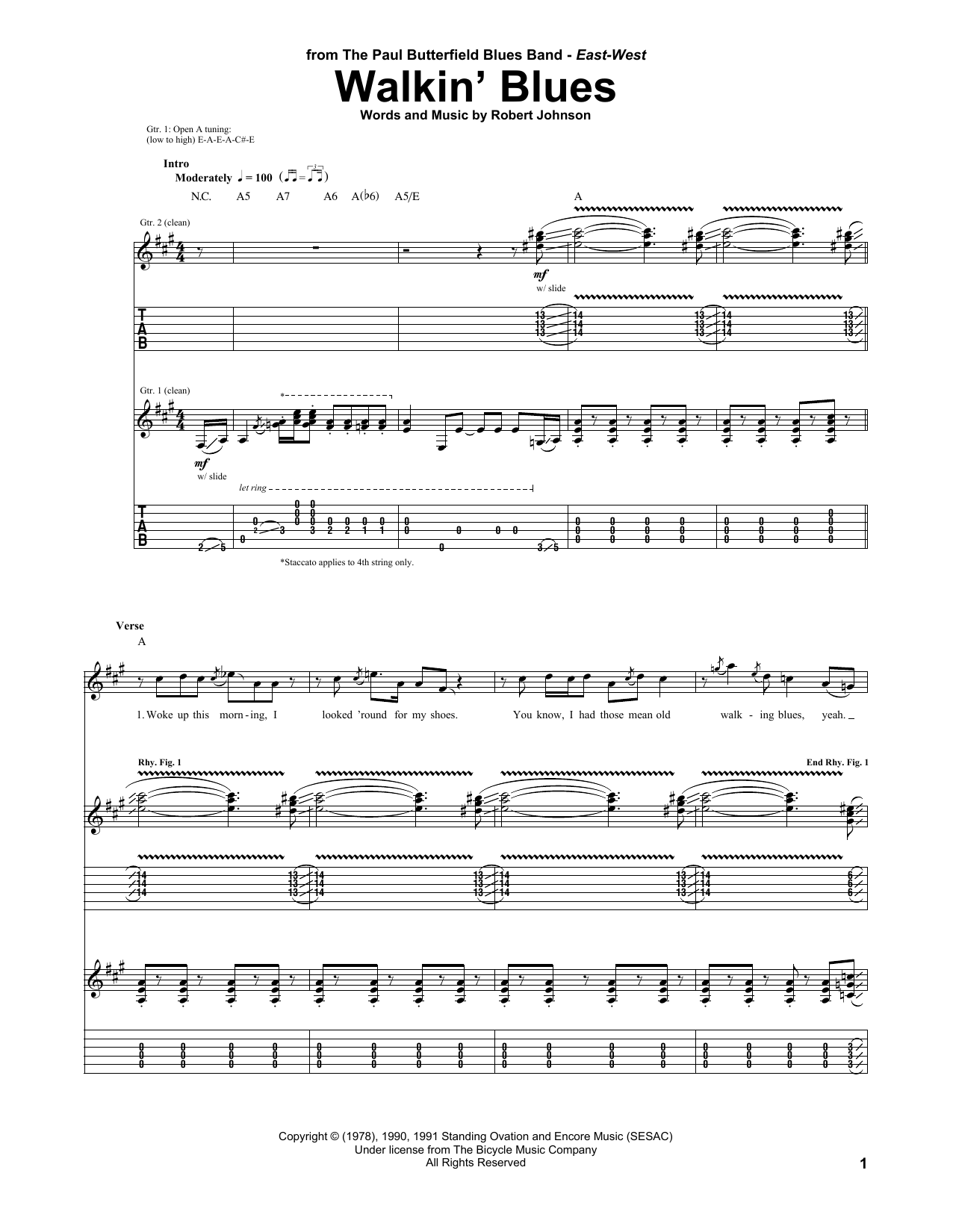 The Paul Butterfield Blues Band Walkin' Blues Sheet Music Notes & Chords for Guitar Tab - Download or Print PDF