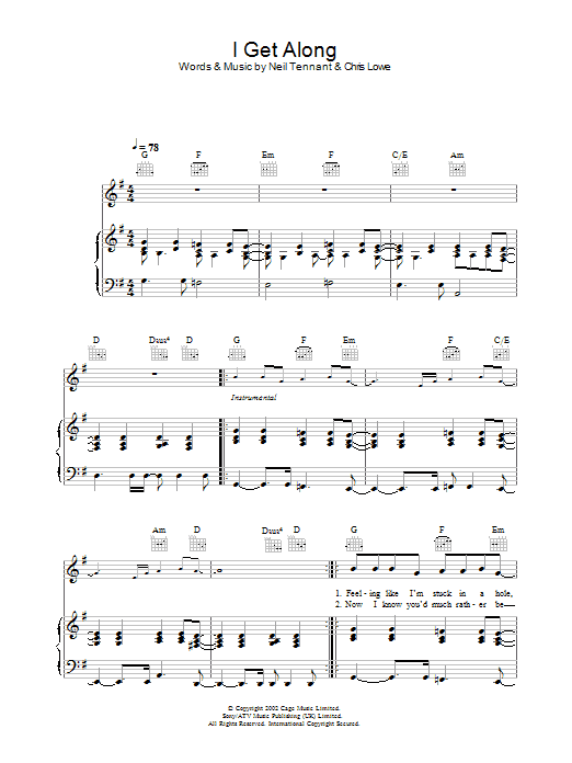 The Pet Shop Boys I Get Along Sheet Music Notes & Chords for Piano, Vocal & Guitar - Download or Print PDF The Pet Shop Boys I Get Along Sheet Music Notes & Chords for Piano, Vocal & Guitar - Download or Print PDF