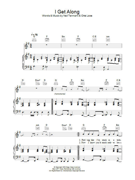 The Pet Shop Boys I Get Along Sheet Music Notes & Chords for Piano, Vocal & Guitar - Download or Print PDF