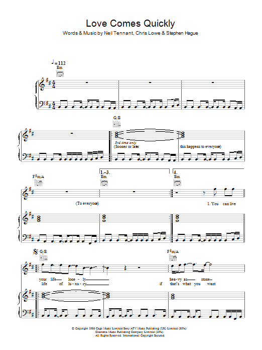 The Pet Shop Boys Love Comes Quickly Sheet Music Notes & Chords for Piano, Vocal & Guitar - Download or Print PDF