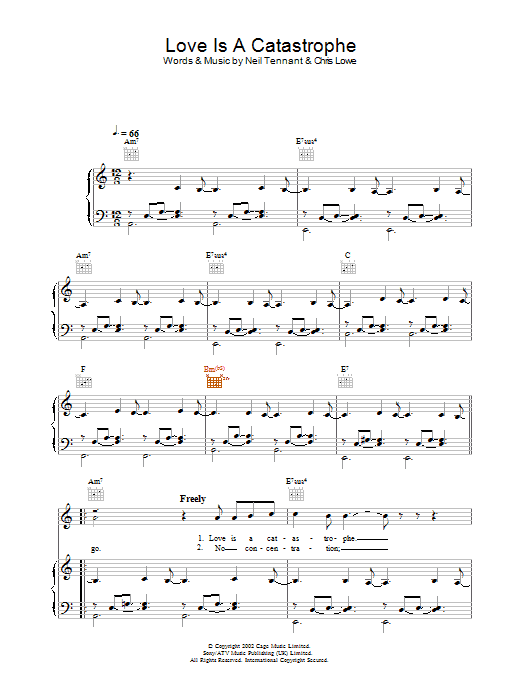 The Pet Shop Boys Love Is A Catastrophe Sheet Music Notes & Chords for Piano, Vocal & Guitar - Download or Print PDF