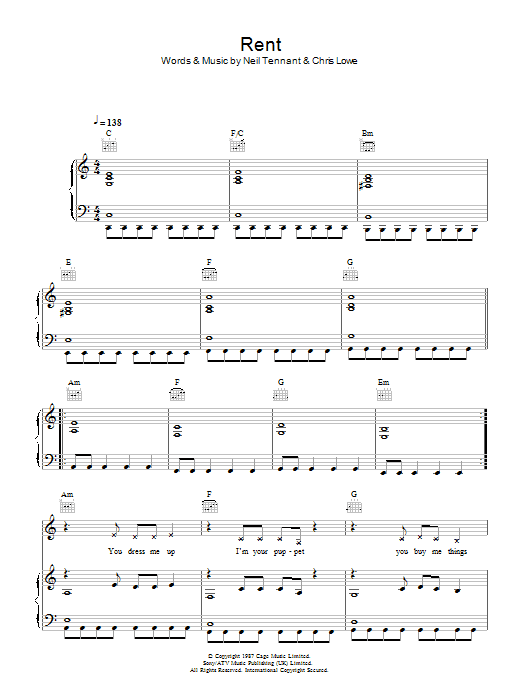 Pet Shop Boys Rent Sheet Music Notes & Chords for Lyrics & Chords - Download or Print PDF