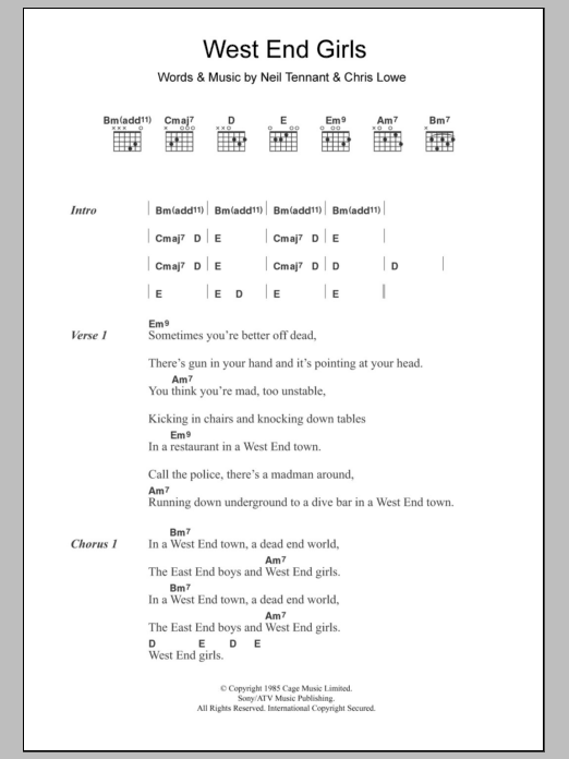 Pet Shop Boys West End Girls Sheet Music Notes & Chords for Lyrics & Chords - Download or Print PDF