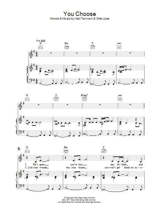 The Pet Shop Boys You Choose Sheet Music Notes & Chords for Piano, Vocal & Guitar - Download or Print PDF The Pet Shop Boys You Choose Sheet Music Notes & Chords for Piano, Vocal & Guitar - Download or Print PDF