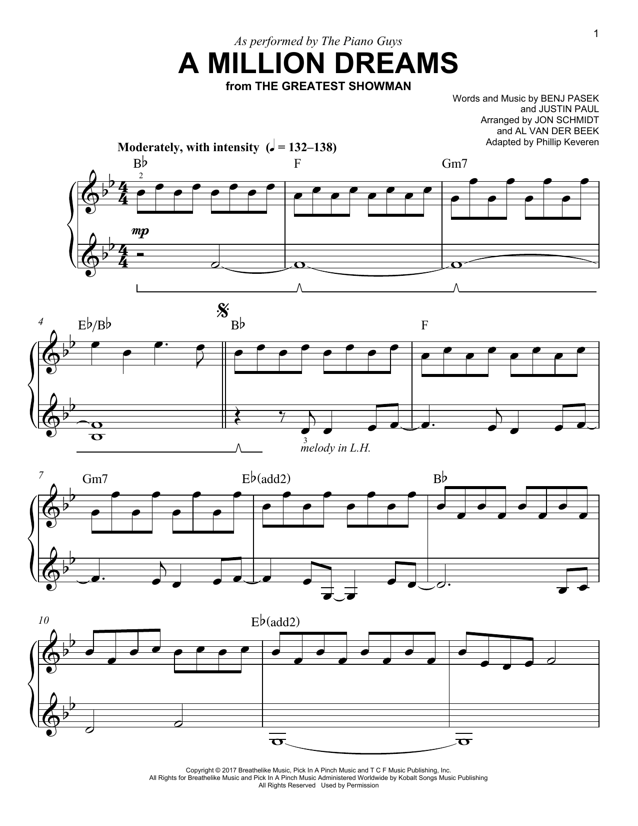 The Piano Guys A Million Dreams (arr. Phillip Keveren) Sheet Music Notes & Chords for Easy Piano - Download or Print PDF