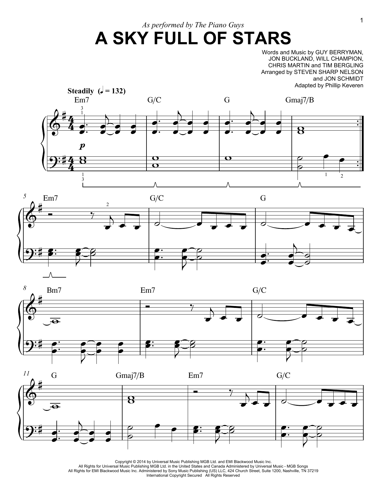 The Piano Guys A Sky Full Of Stars (arr. Phillip Keveren) Sheet Music Notes & Chords for Easy Piano - Download or Print PDF