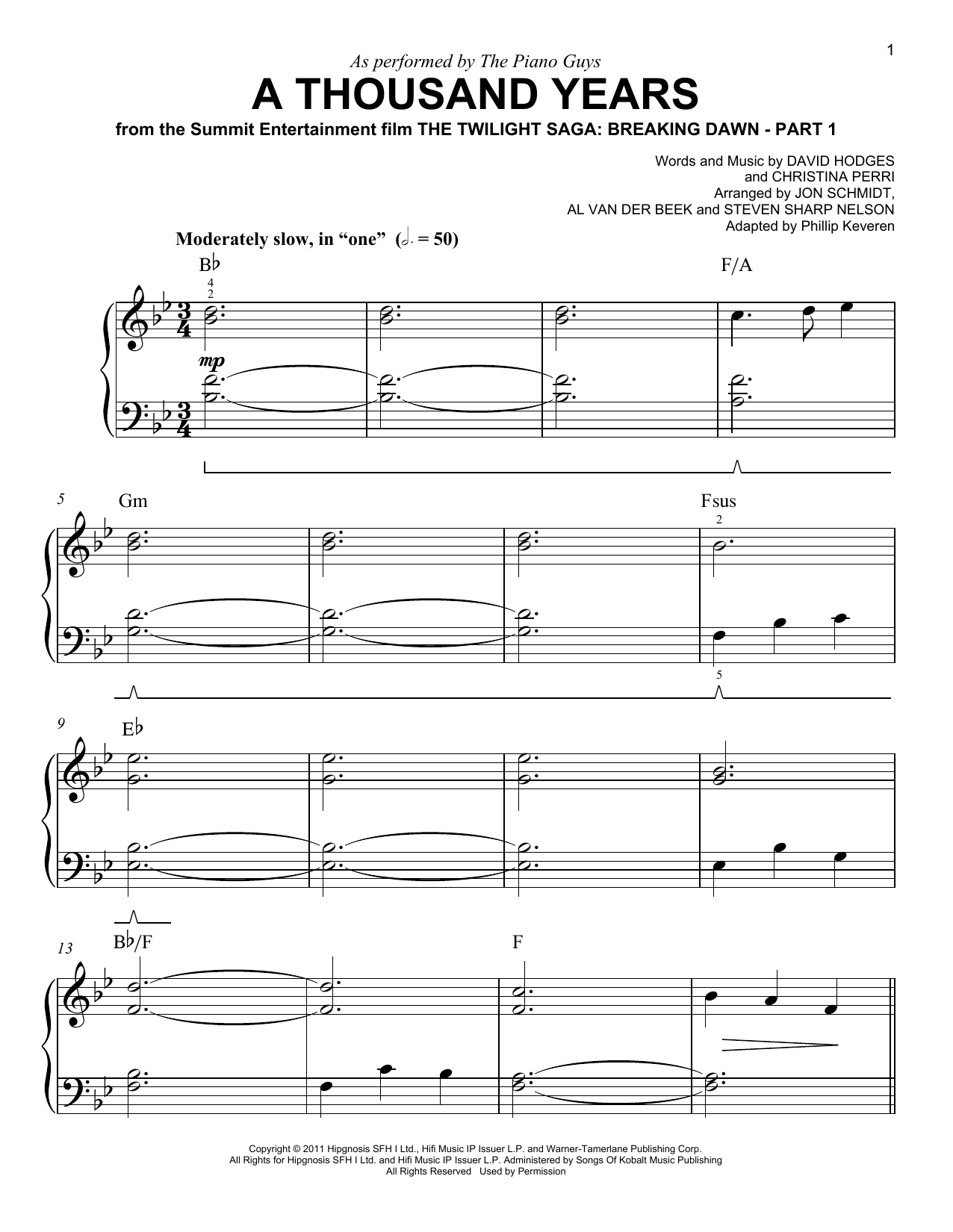 The Piano Guys A Thousand Years (arr. Phillip Keveren) Sheet Music Notes & Chords for Easy Piano - Download or Print PDF