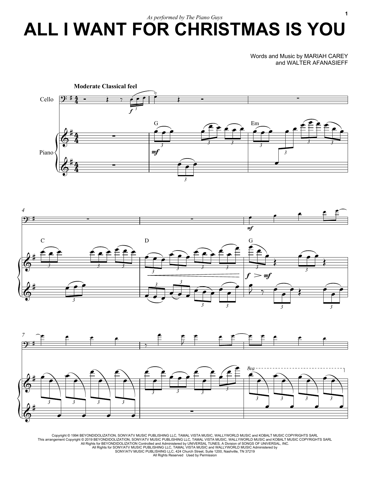 The Piano Guys All I Want For Christmas Is You Sheet Music Notes & Chords for Cello and Piano - Download or Print PDF