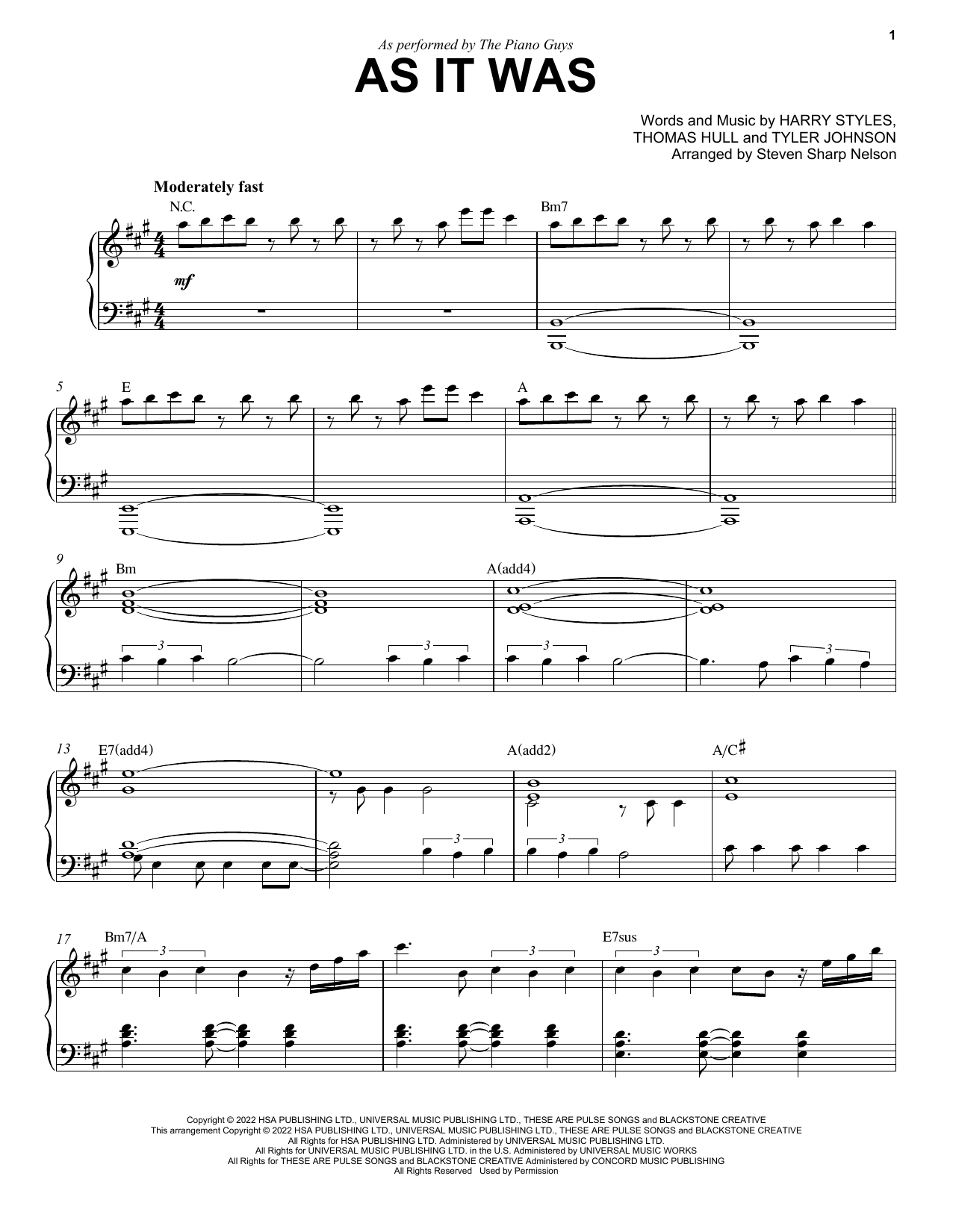 The Piano Guys As It Was Sheet Music Notes & Chords for Piano Solo - Download or Print PDF