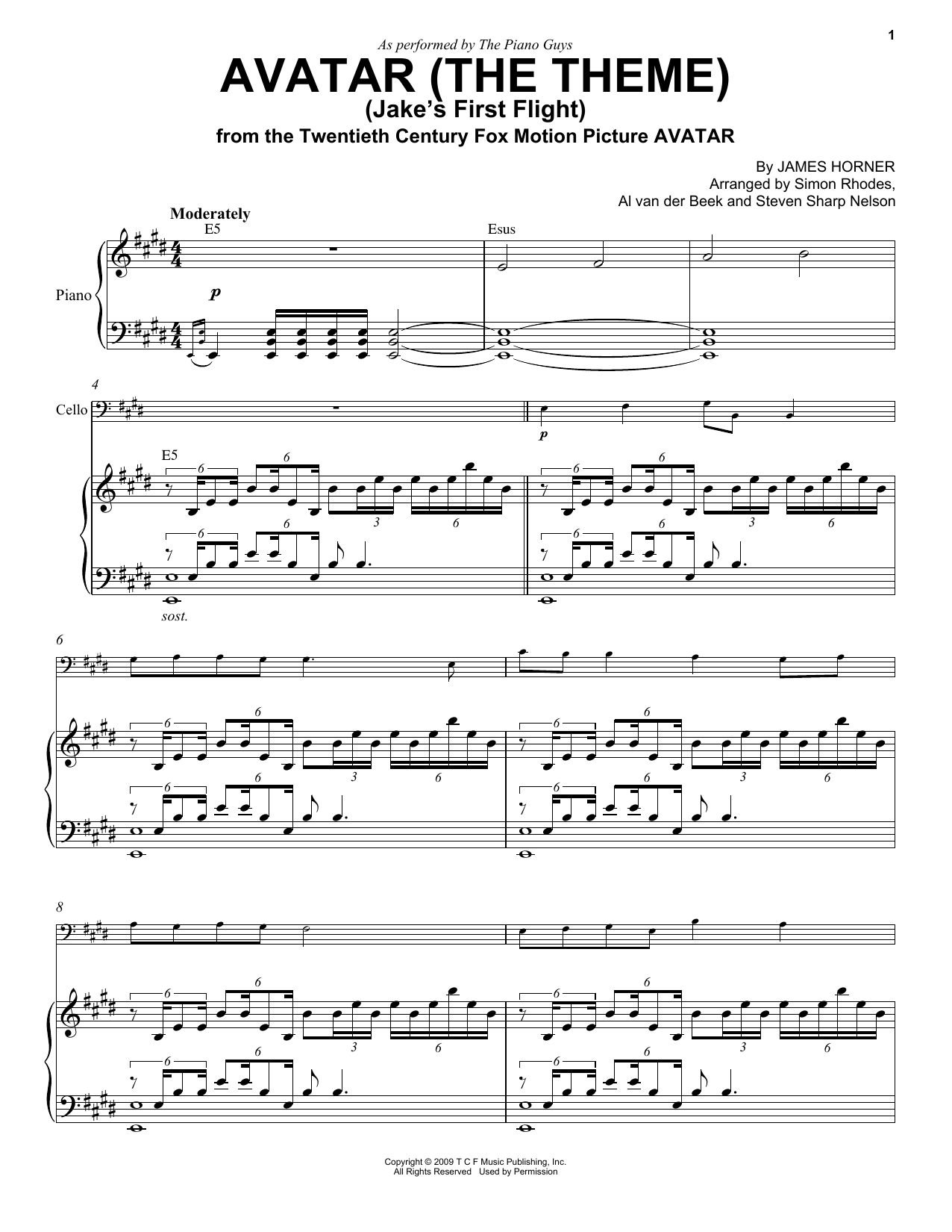 The Piano Guys Avatar (The Theme) (Jake's First Flight) Sheet Music Notes & Chords for Cello and Piano - Download or Print PDF