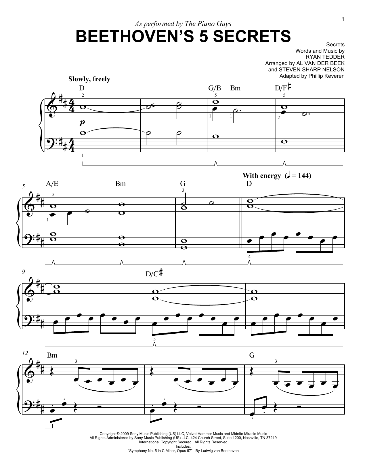 The Piano Guys Beethoven's 5 Secrets (arr. Phillip Keveren) Sheet Music Notes & Chords for Easy Piano - Download or Print PDF