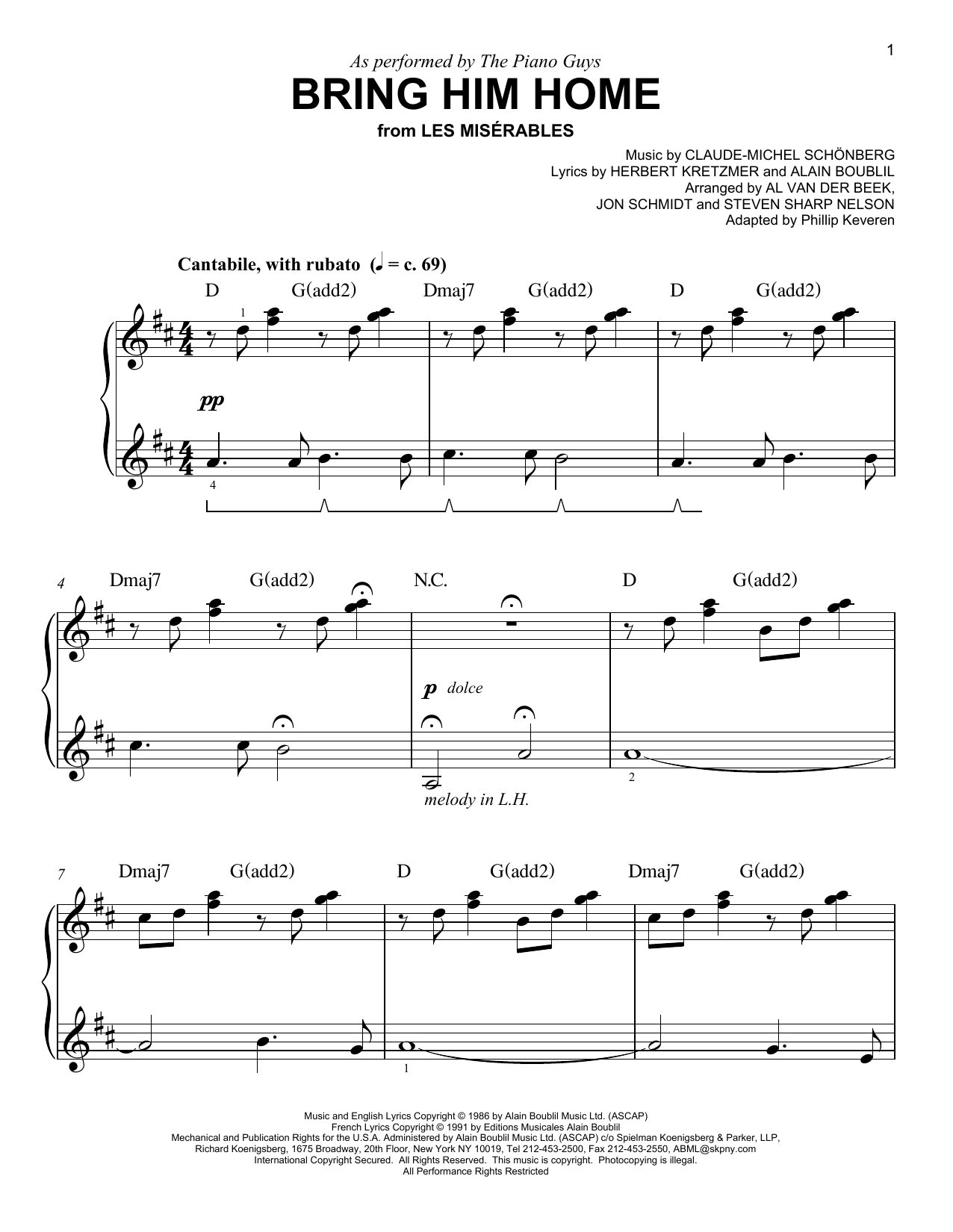 The Piano Guys Bring Him Home (arr. Phillip Keveren) Sheet Music Notes & Chords for Easy Piano - Download or Print PDF
