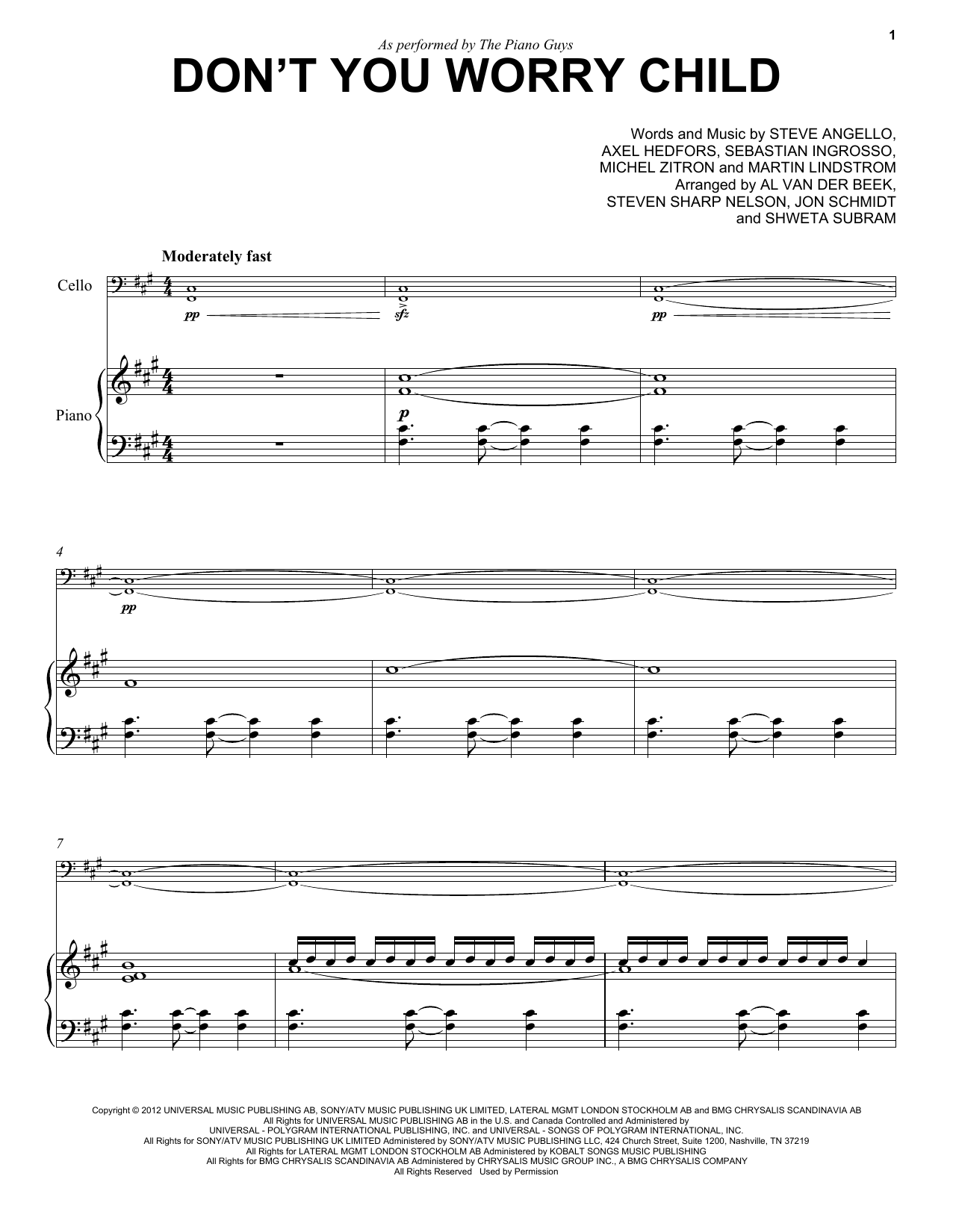 The Piano Guys Don't You Worry Child Sheet Music Notes & Chords for Cello - Download or Print PDF