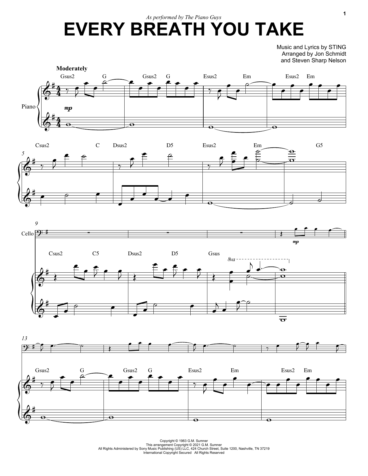 The Piano Guys Every Breath You Take Sheet Music Notes & Chords for Cello and Piano - Download or Print PDF