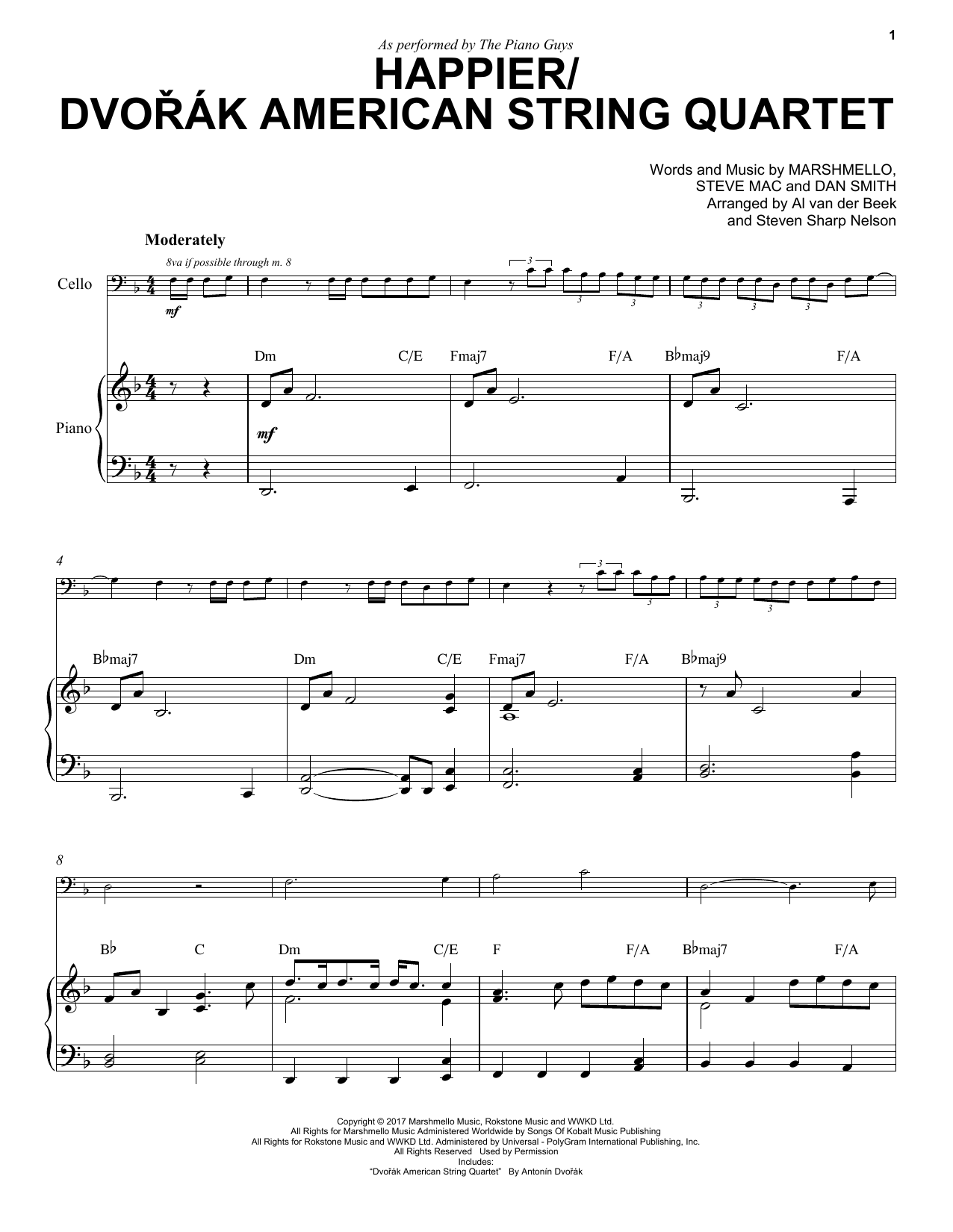 The Piano Guys Happier/Dvořák American String Quartet Sheet Music Notes & Chords for Cello and Piano - Download or Print PDF
