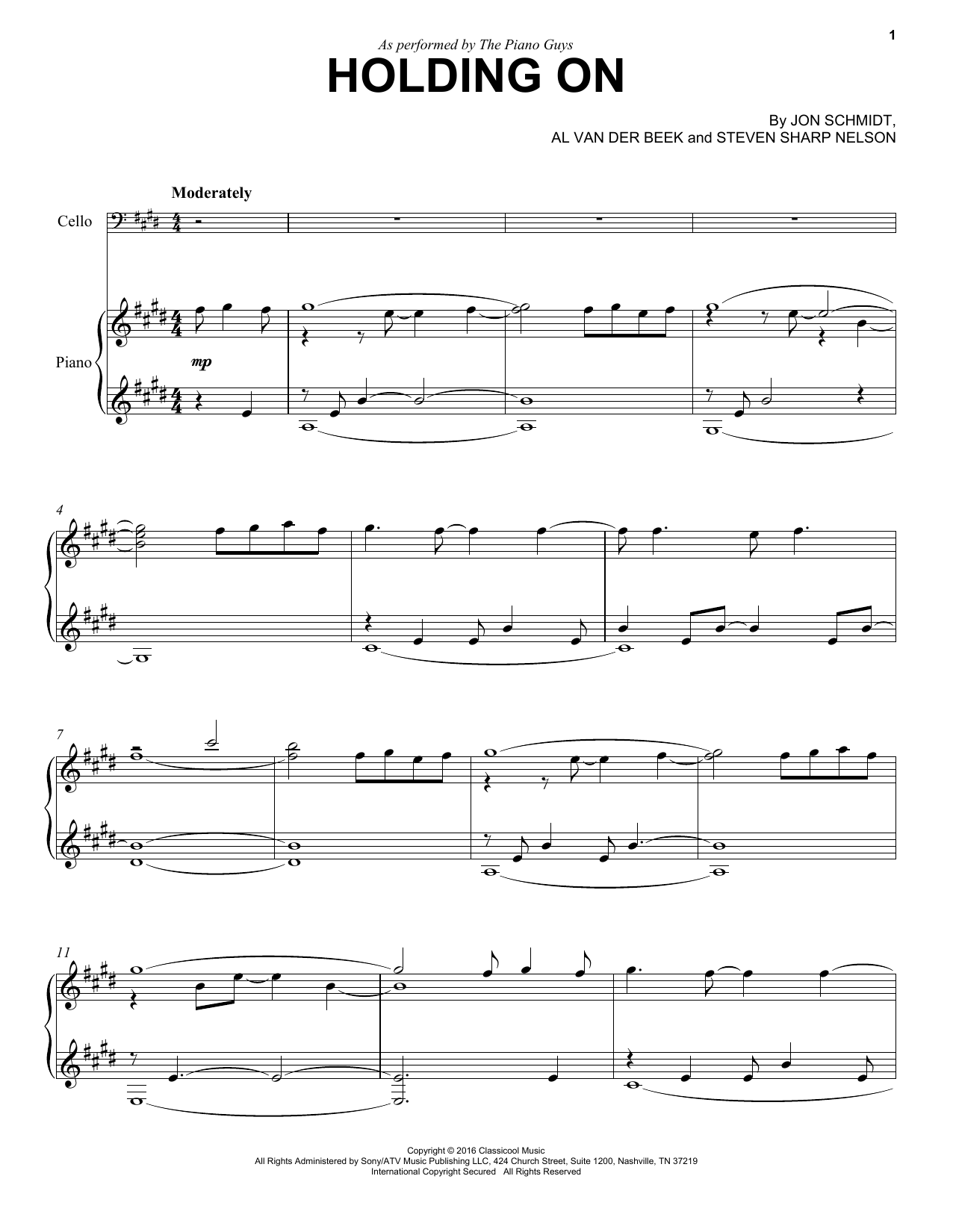 The Piano Guys Holding On Sheet Music Notes & Chords for Cello - Download or Print PDF