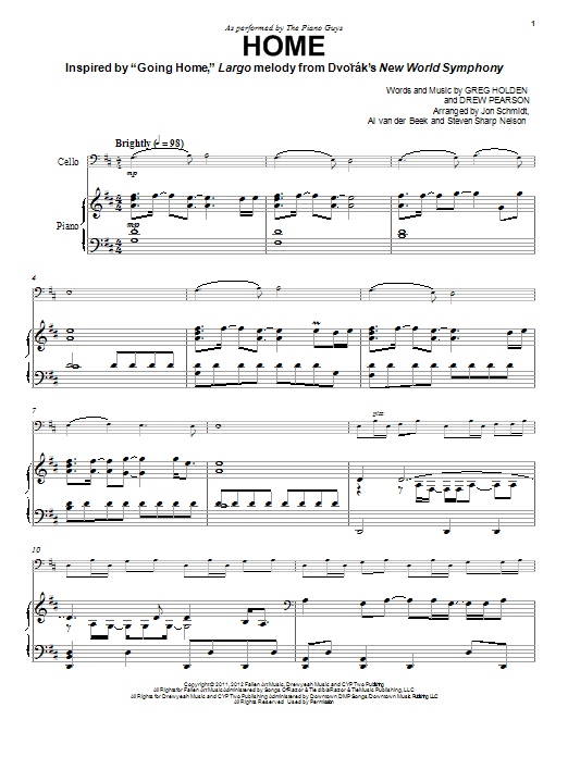 The Piano Guys Home Sheet Music Notes & Chords for Cello - Download or Print PDF