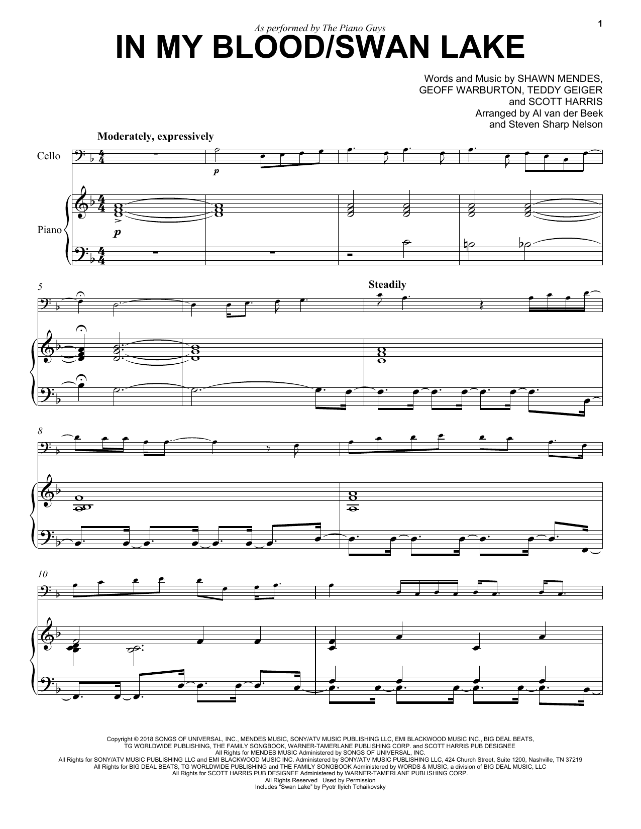 The Piano Guys In My Blood / Swan Lake Sheet Music Notes & Chords for Cello and Piano - Download or Print PDF