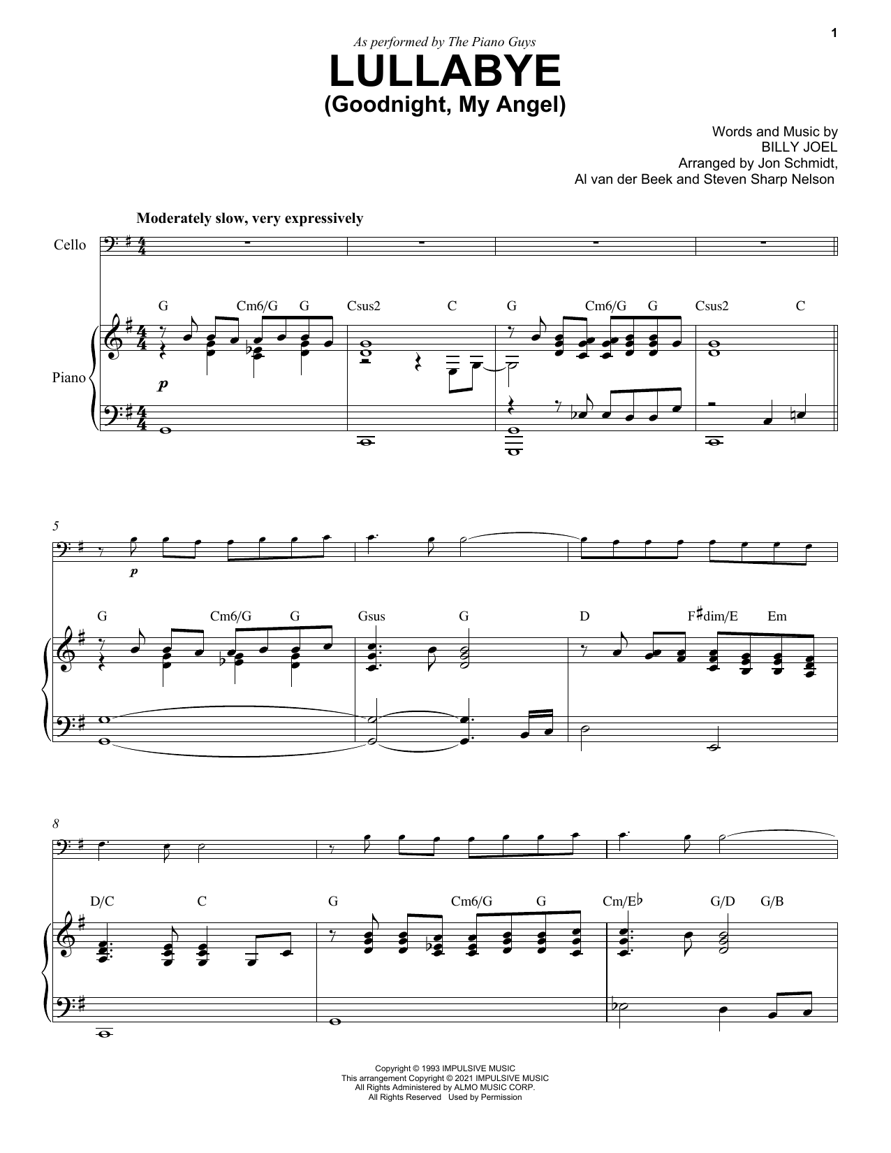 The Piano Guys Lullabye (Goodnight, My Angel) Sheet Music Notes & Chords for Cello and Piano - Download or Print PDF