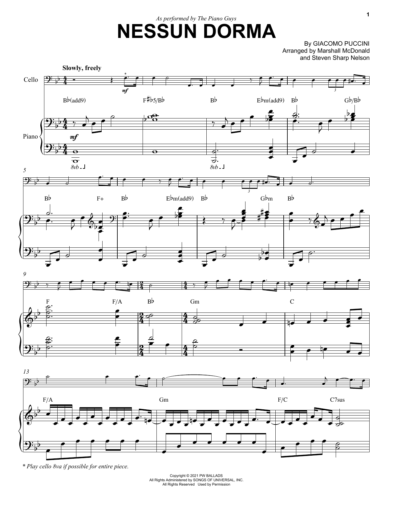 The Piano Guys Nessun Dorma Sheet Music Notes & Chords for Cello and Piano - Download or Print PDF