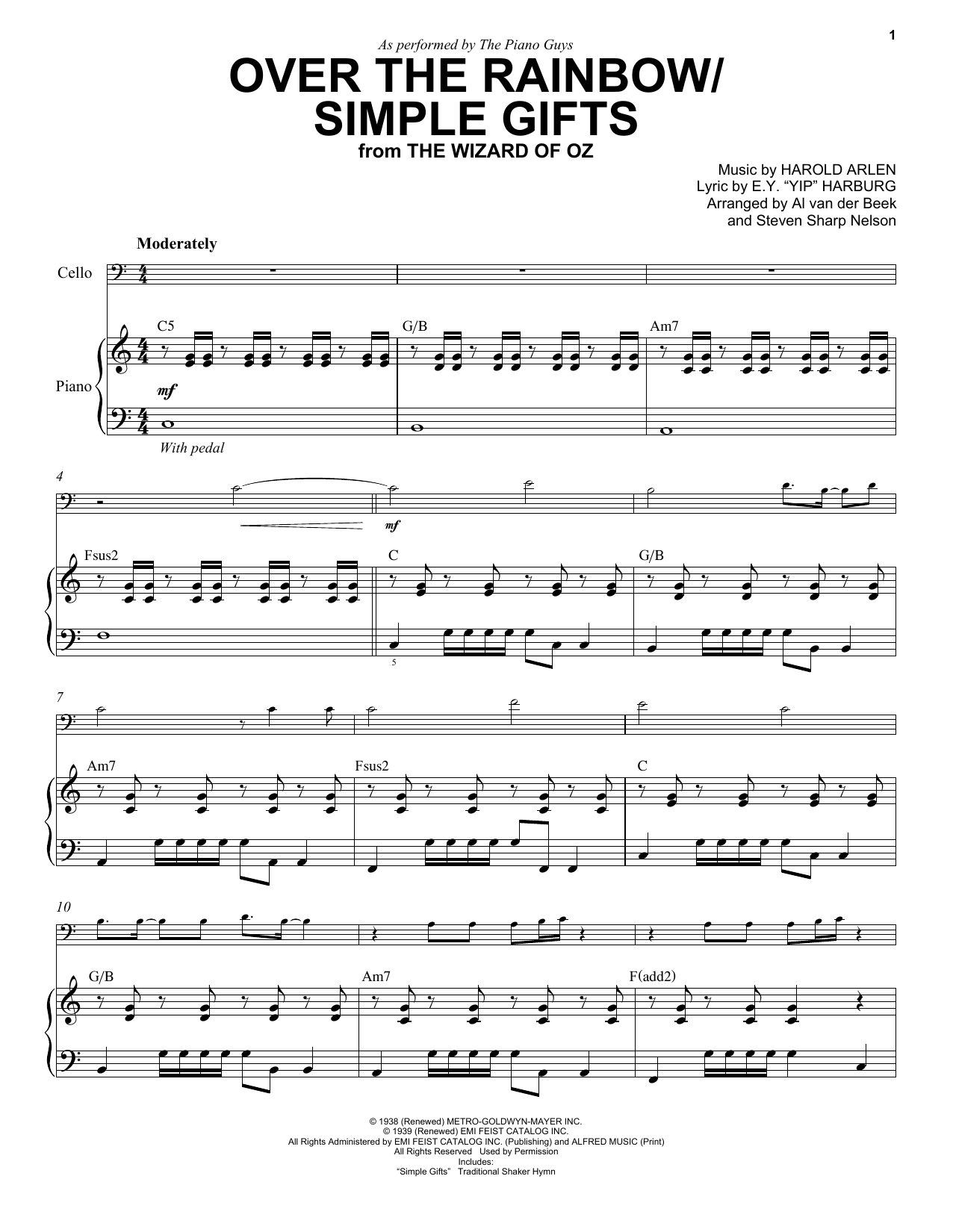 The Piano Guys Over The Rainbow/Simple Gifts (from The Wizard Of Oz) Sheet Music Notes & Chords for Cello and Piano - Download or Print PDF