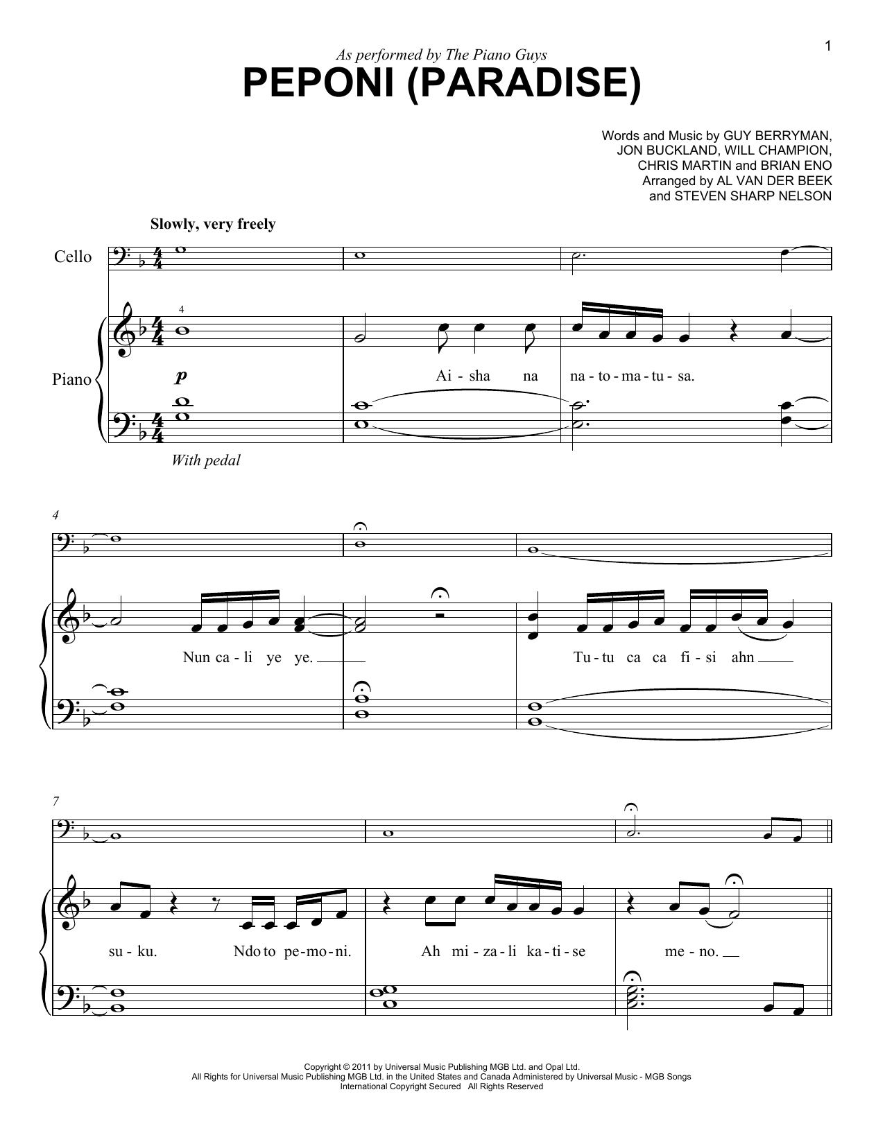 The Piano Guys Peponi (Paradise) Sheet Music Notes & Chords for Easy Piano - Download or Print PDF