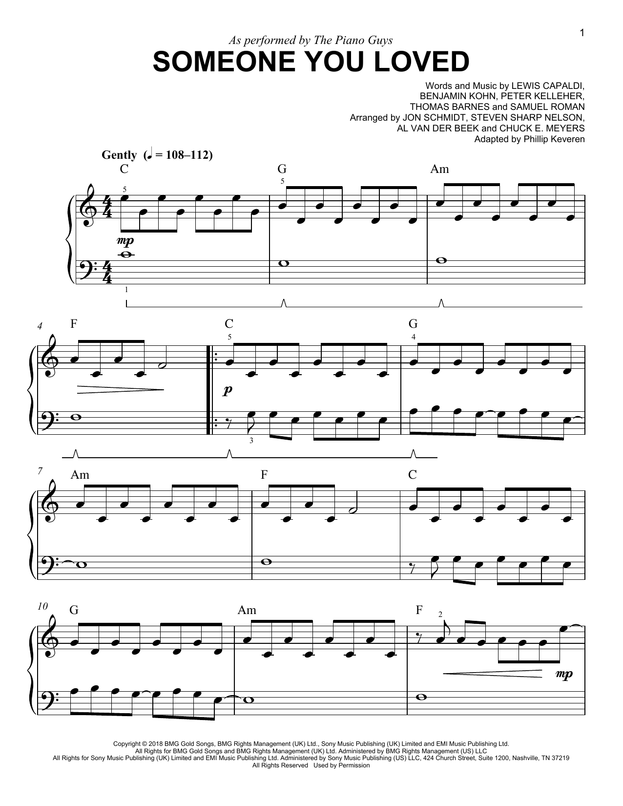 The Piano Guys Someone You Loved (arr. Phillip Keveren) Sheet Music Notes & Chords for Easy Piano - Download or Print PDF