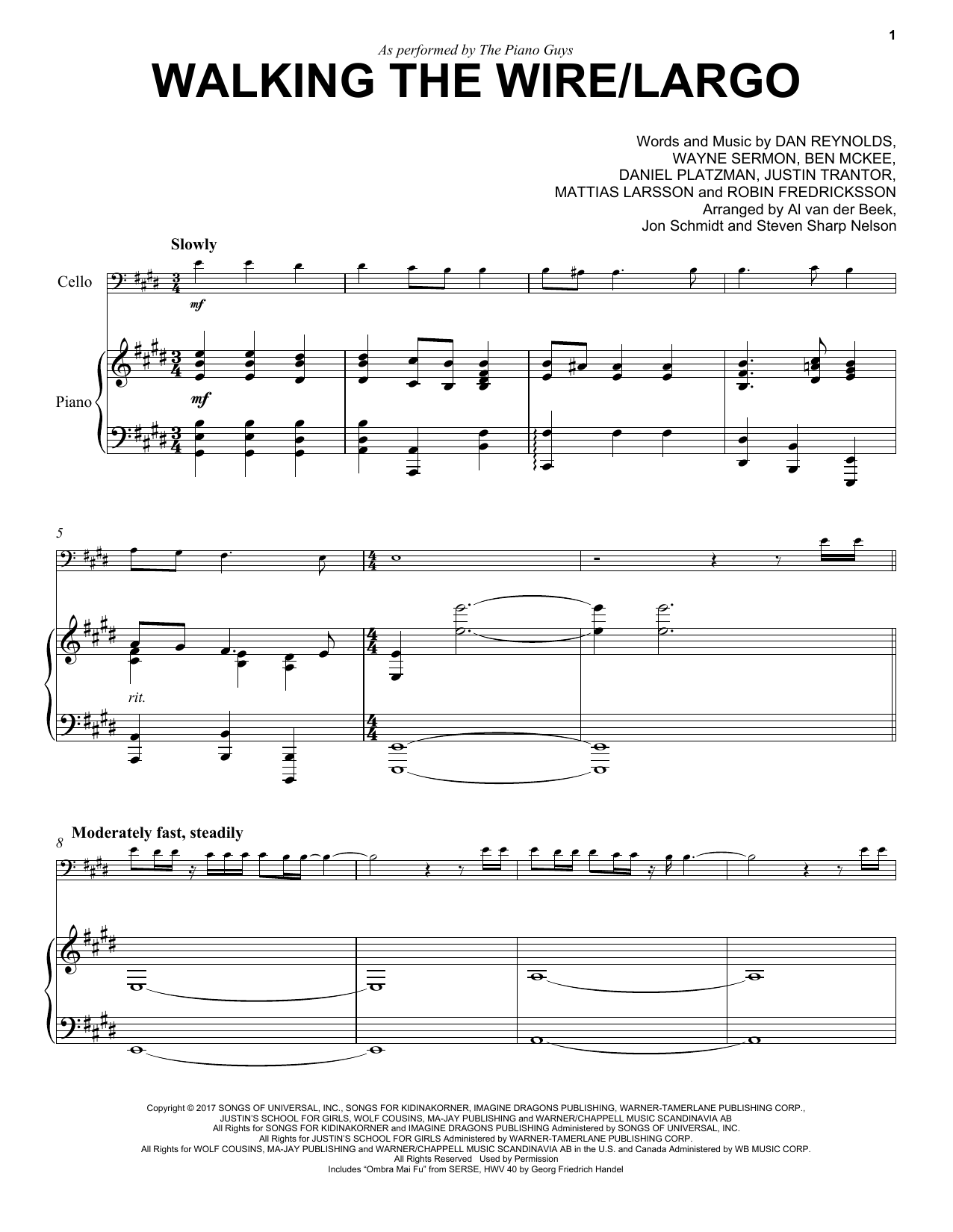 The Piano Guys Walking The Wire / Largo Sheet Music Notes & Chords for Cello and Piano - Download or Print PDF