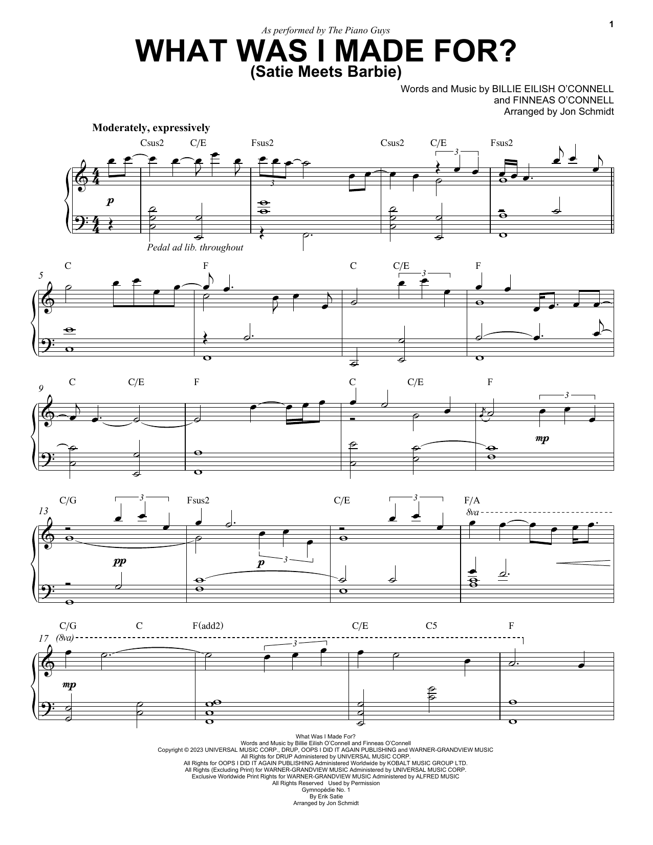 The Piano Guys What Was I Made For? (Satie Meets Barbie) Sheet Music Notes & Chords for Piano Solo - Download or Print PDF