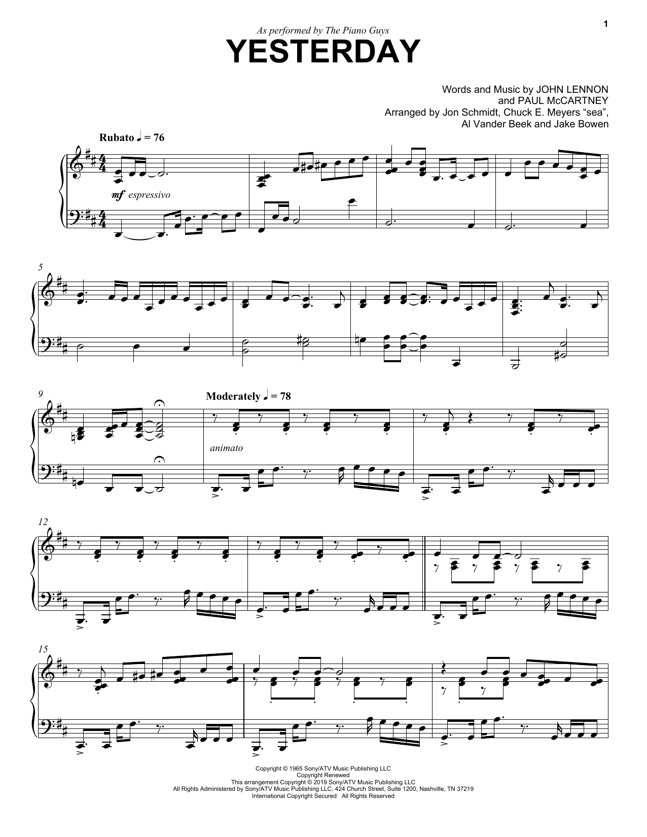 The Piano Guys Yesterday Sheet Music Notes & Chords for Cello and Piano - Download or Print PDF