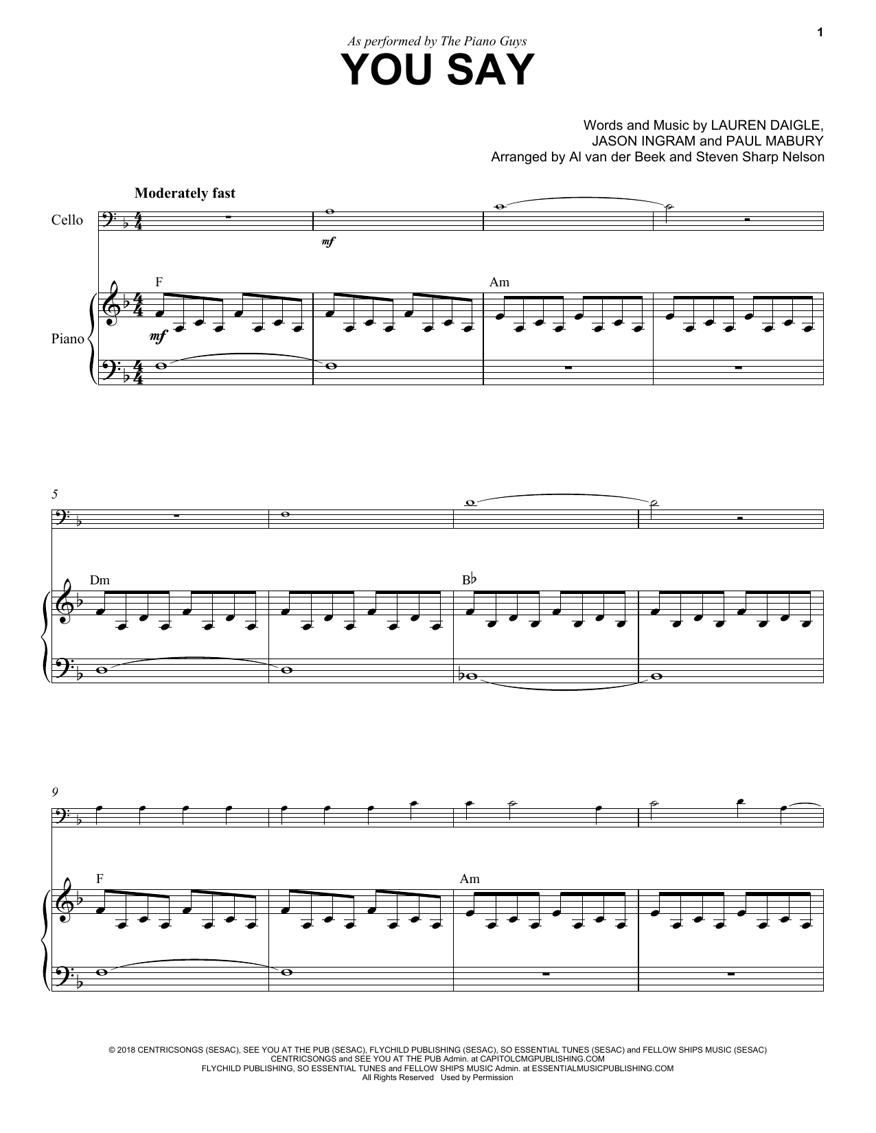 The Piano Guys You Say Sheet Music Notes & Chords for Cello and Piano - Download or Print PDF