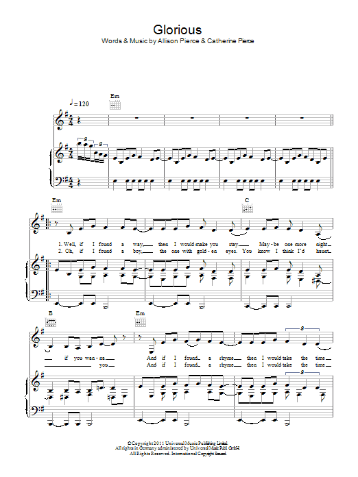 The Pierces Glorious Sheet Music Notes & Chords for Piano, Vocal & Guitar (Right-Hand Melody) - Download or Print PDF