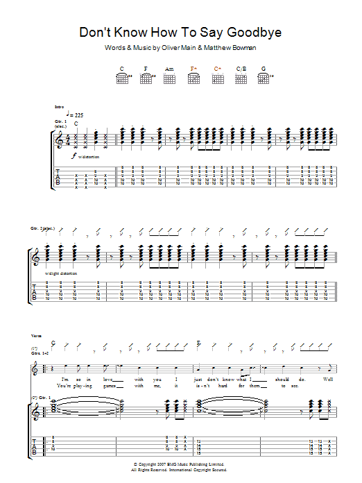 The Pigeon Detectives Don't Know How To Say Goodbye Sheet Music Notes & Chords for Guitar Tab - Download or Print PDF