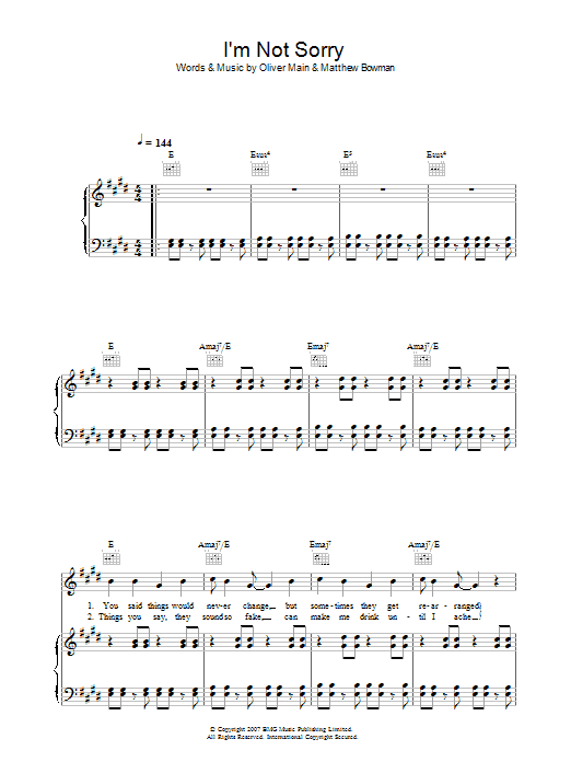 The Pigeon Detectives I'm Not Sorry Sheet Music Notes & Chords for Piano, Vocal & Guitar - Download or Print PDF
