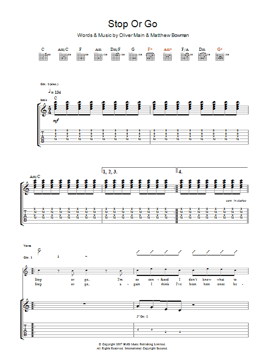 The Pigeon Detectives Stop Or Go Sheet Music Notes & Chords for Guitar Tab - Download or Print PDF