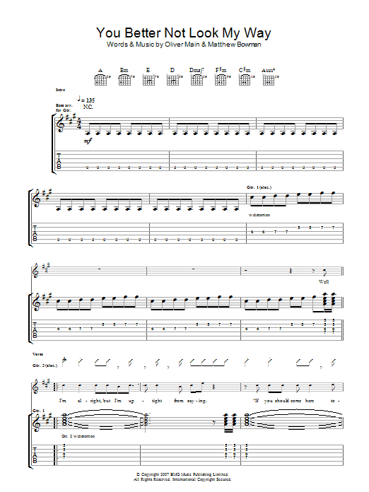 The Pigeon Detectives You Better Not Look My Way Sheet Music Notes & Chords for Guitar Tab - Download or Print PDF