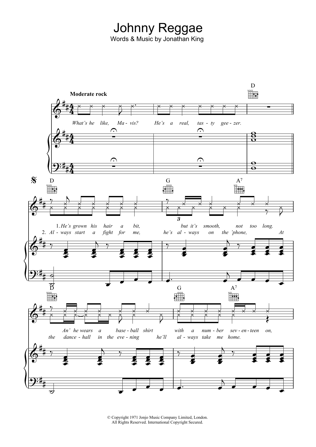 The Piglets Johnny Reggae Sheet Music Notes & Chords for Piano, Vocal & Guitar (Right-Hand Melody) - Download or Print PDF