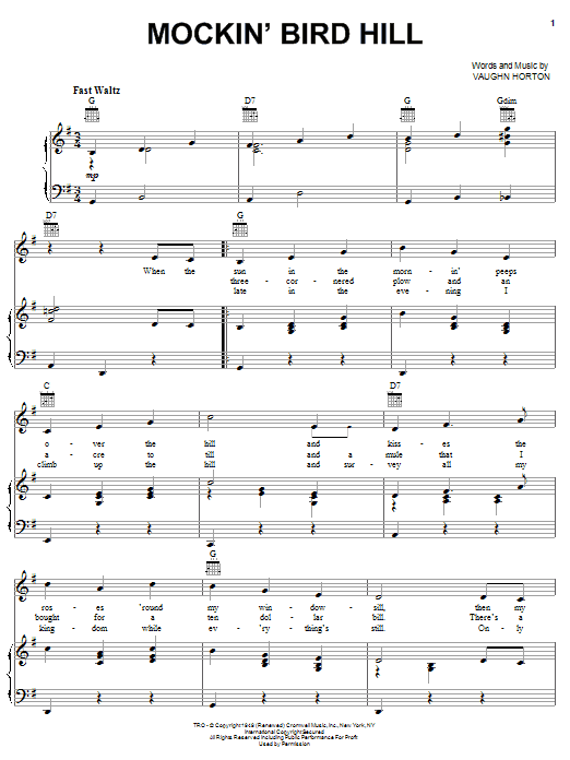 The Pinetoppers Mockin' Bird Hill Sheet Music Notes & Chords for Piano, Vocal & Guitar (Right-Hand Melody) - Download or Print PDF