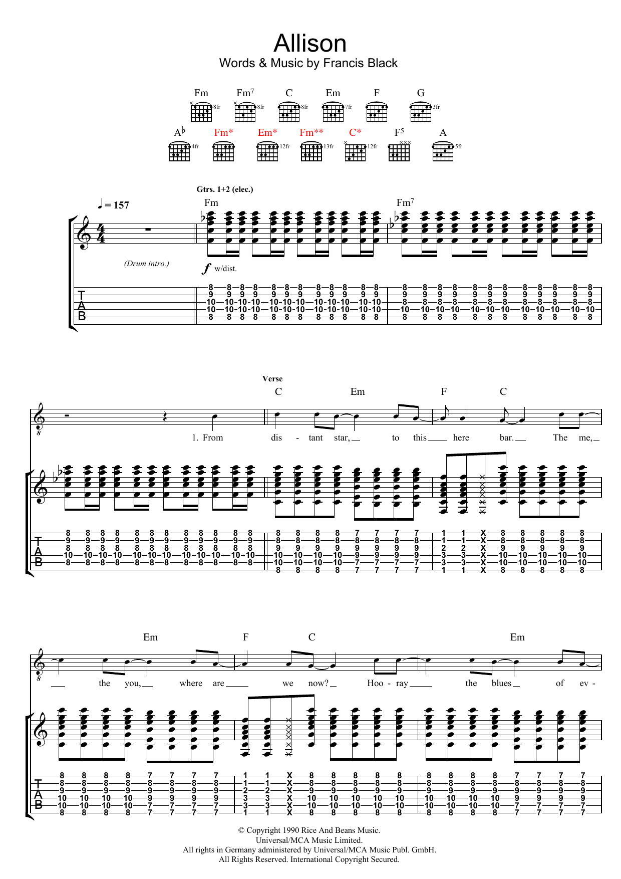 The Pixies Allison Sheet Music Notes & Chords for Guitar Tab - Download or Print PDF