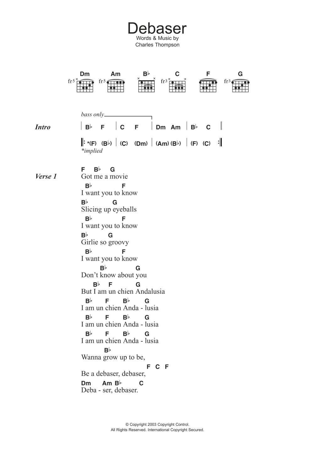 The Pixies Debaser Sheet Music Notes & Chords for Guitar Chords/Lyrics - Download or Print PDF