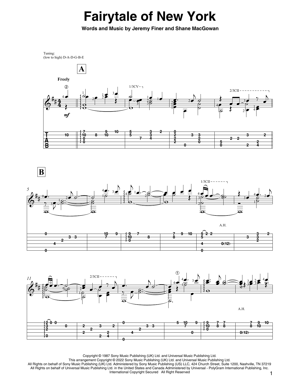 The Pogues & Kirsty MacColl Fairytale Of New York (arr. David Jaggs) Sheet Music Notes & Chords for Solo Guitar - Download or Print PDF