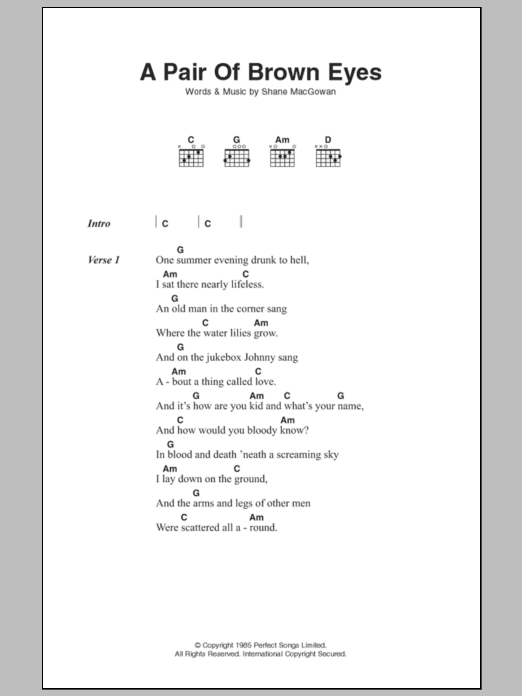 The Pogues A Pair Of Brown Eyes Sheet Music Notes & Chords for Lyrics & Chords - Download or Print PDF