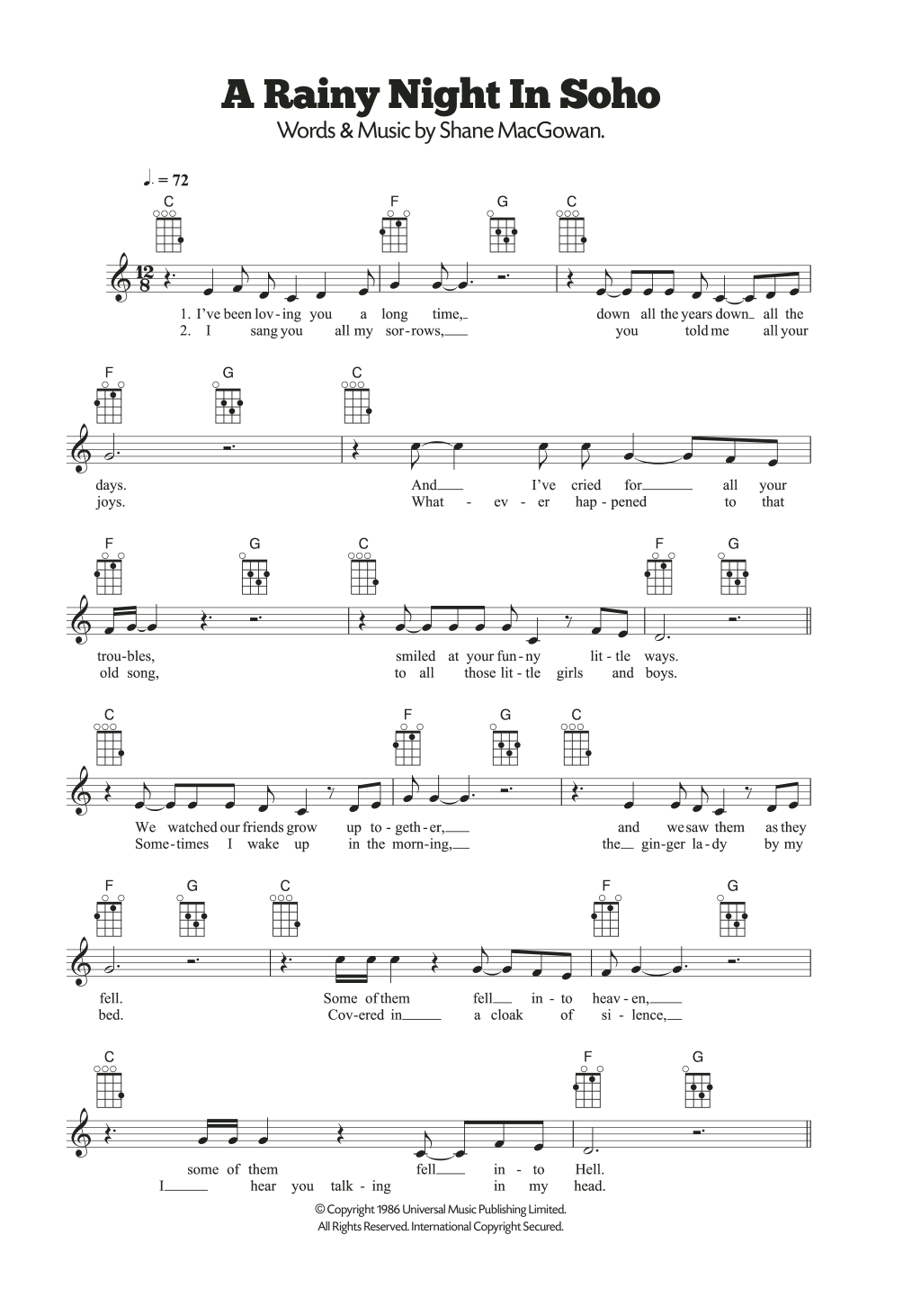 The Pogues A Rainy Night In Soho Sheet Music Notes & Chords for Lyrics & Chords - Download or Print PDF