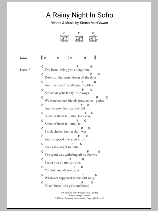 The Pogues A Rainy Night In Soho Sheet Music Notes & Chords for Lyrics & Chords - Download or Print PDF