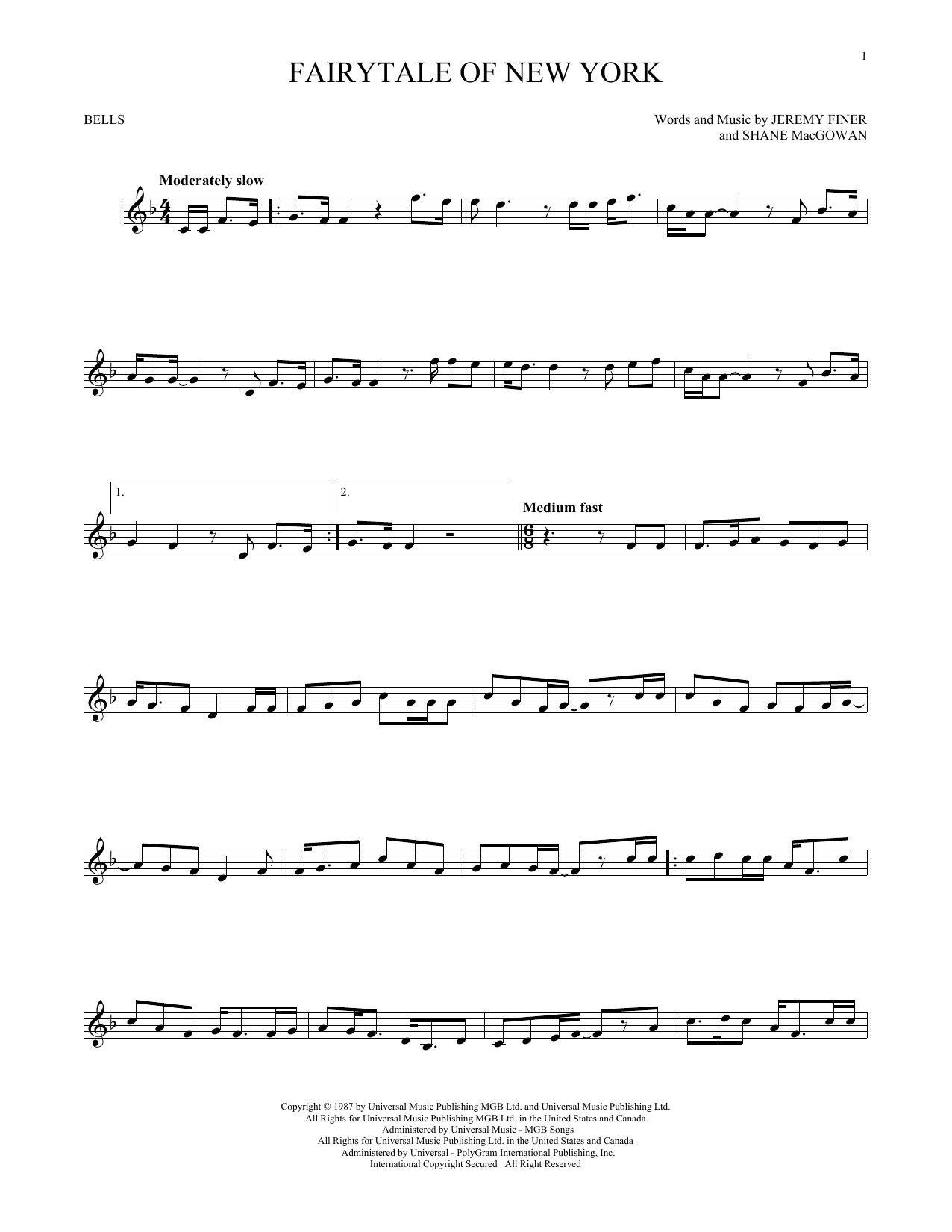 The Pogues feat. Kirsty MacColl Fairytale Of New York Sheet Music Notes & Chords for Bells Solo - Download or Print PDF